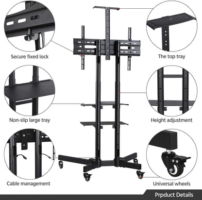 Mobile TV Stand, Adjustable Rolling TV Cart W/ Locking Wheels for 32-75&quot; LCD LED Plasma Flat Panel Screen TV up to 110LB, Portable TV Cart Stand W/ Flexible Laptop Shelf, Max. VESA 600X400