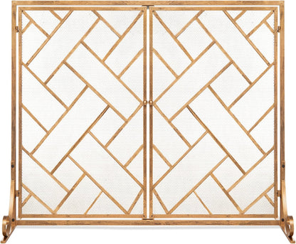 44X33In 2-Panel Handcrafted Wrought Iron Decorative Mesh Geometric Fireplace Screen, Fire Spark Guard W/Magnetic Doors - Gold