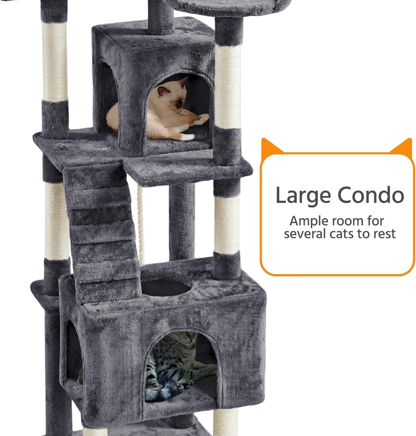 XL Cat Tree, 72In Multi-Level Cat Tower with 2 Cozy Caves, 3 Soft Perches, Scratching Posts, Board, and Dangling Ball, Cat Furniture Cat Play House Kittens, Dark Gray