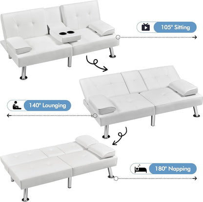 Convertible Sofa Bed Adjustable Couch Sleeper Modern Faux Leather Home Recliner Reversible Loveseat Folding Daybed Guest Bed, Removable Armrests, Cup Holders, 3 Angles, 772Lb Capacity, White