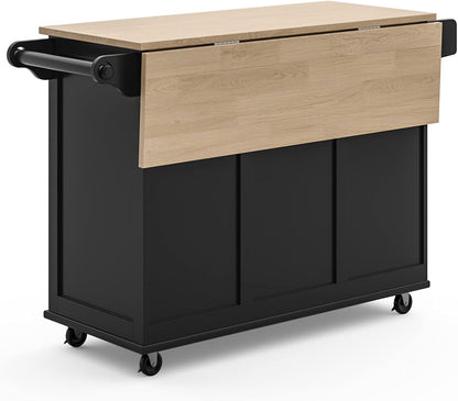 Dolly Madison Kitchen Cart with Wood Top and Drop Leaf Breakfast Bar, Rolling Mobile Kitchen Island with Storage and Towel Rack, 54 Inch Width, Black