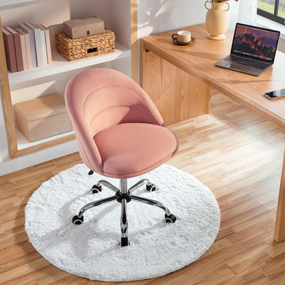 Velvet Cute Desk Chair Armless Office Chair Swivel Vanity Chair with Wheels Adjustable Comfy Desk Chair Soft Rocking Chair for Home Office, Living Room Pink