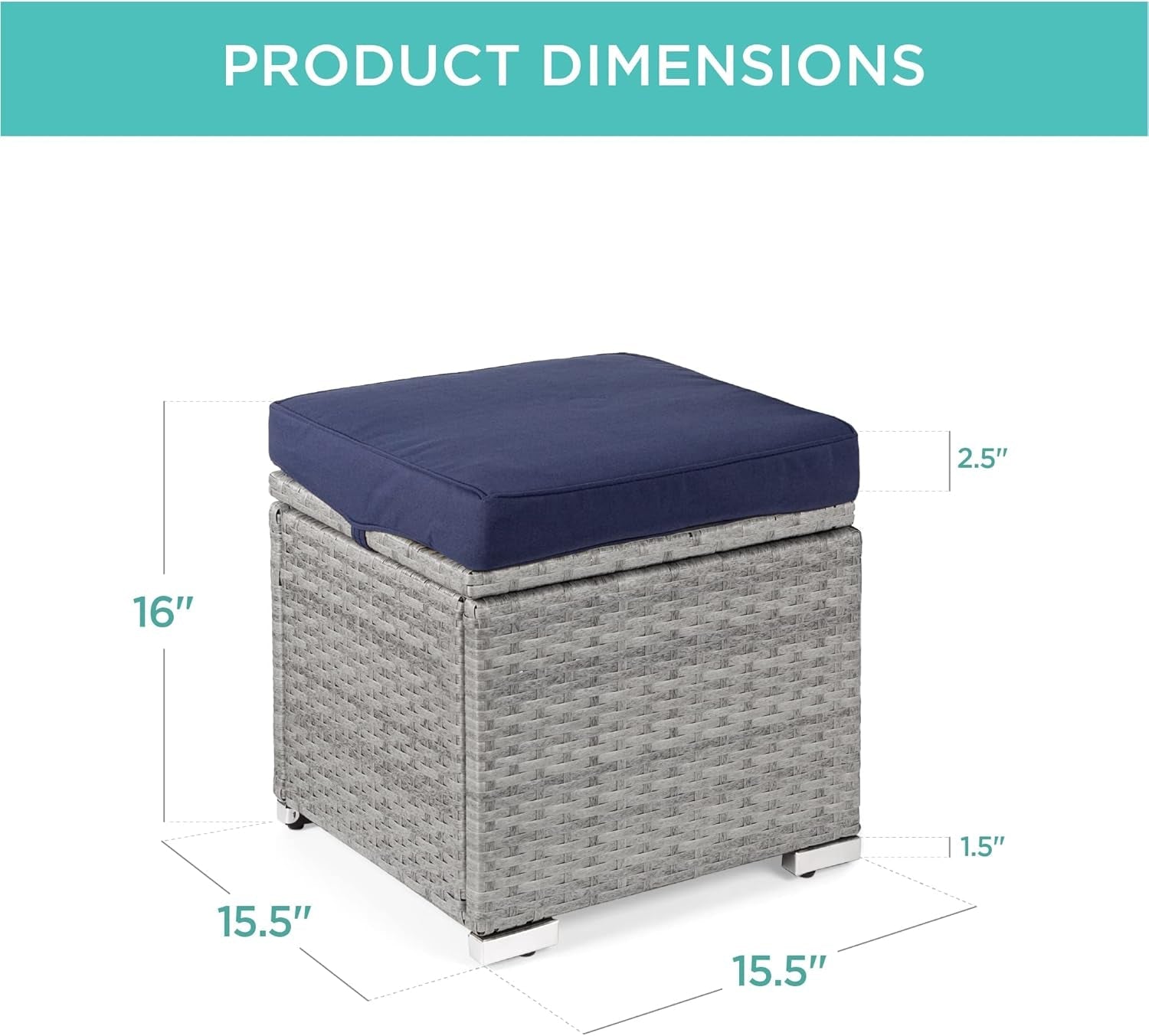 Set of 2 Wicker Ottomans, Multipurpose Outdoor Furniture for Patio, Backyard, Additional Seating, Footrest, Side Table W/Storage, Removable Cushions - Gray/Navy