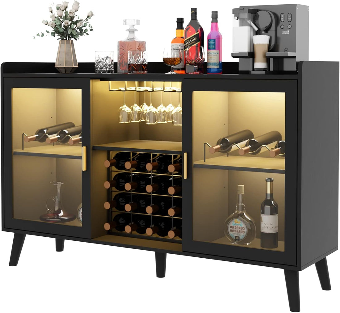 Wine Bar Cabinet with Led Light, Home Coffee Cabinet with Wine and Glass Rack, Kitchen Buffet Sideboard with Storage Shelves, Freestanding Liquor Cabinet for Living Room, Dining Room (Black)