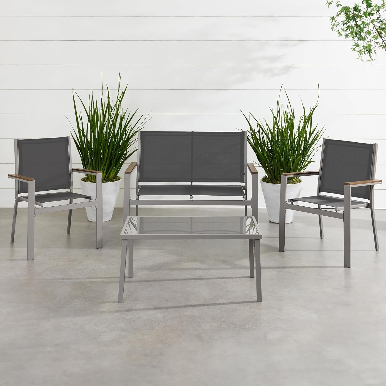 4-Piece Outdoor Textilene Patio Conversation Set, Backyard Furniture W/Loveseat, Coffee Table, Steel Frame - Taupe/Charcoal