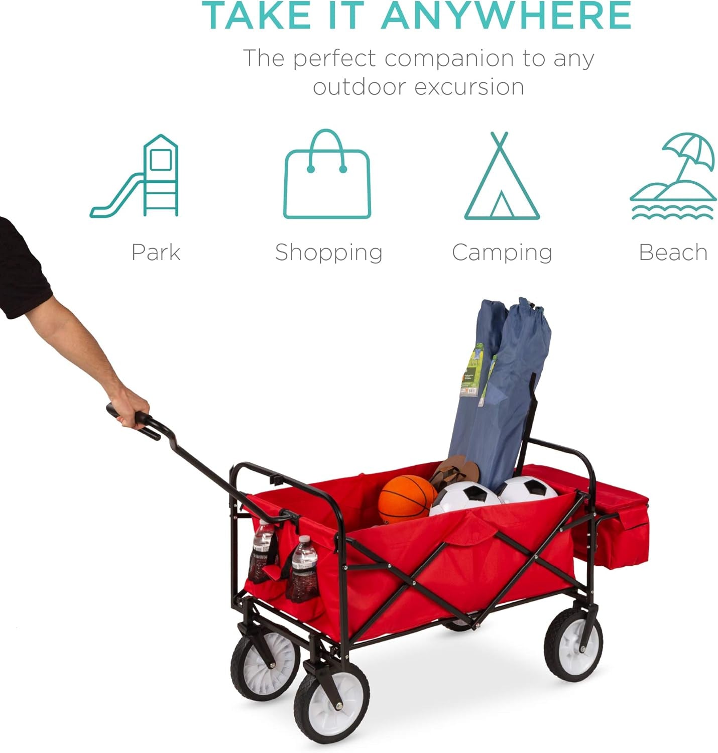 Collapsible Folding Outdoor Utility Wagon with Canopy Garden Cart for Beach, Picnic, Camping, Tailgates W/Removable Canopy, Detachable Pockets, 150Lb Weight Capacity - Red