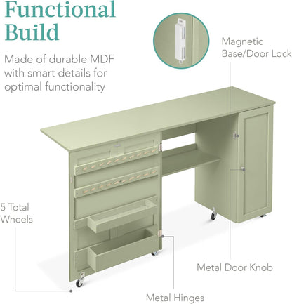 Large Folding Sewing Table, Multipurpose Portable Craft Station &amp; Side Desk W/Compact Design, Caster Wheels, Storage Shelves, 2 Storage Trays, Magnetic Doors - Light Green