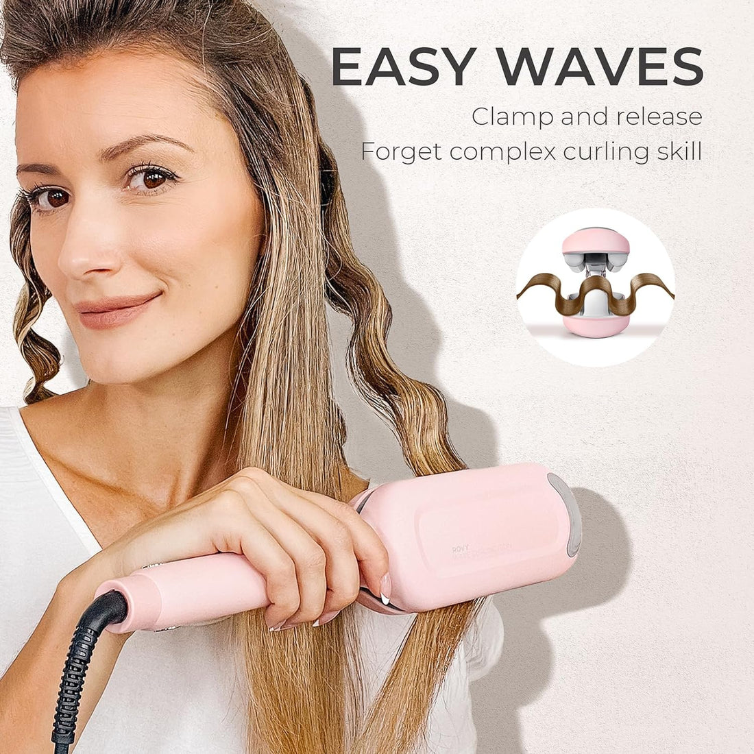 Curling Iron Hair Crimper Waver -  ROVY Beach Waves Curling Wand, Ionic Deep Waver Hair Curler Tool with Ceramic 3 Barrel for Women, Dual Voltage, Anti-Scald, Easy to Use, Pink, 1.25 Inch