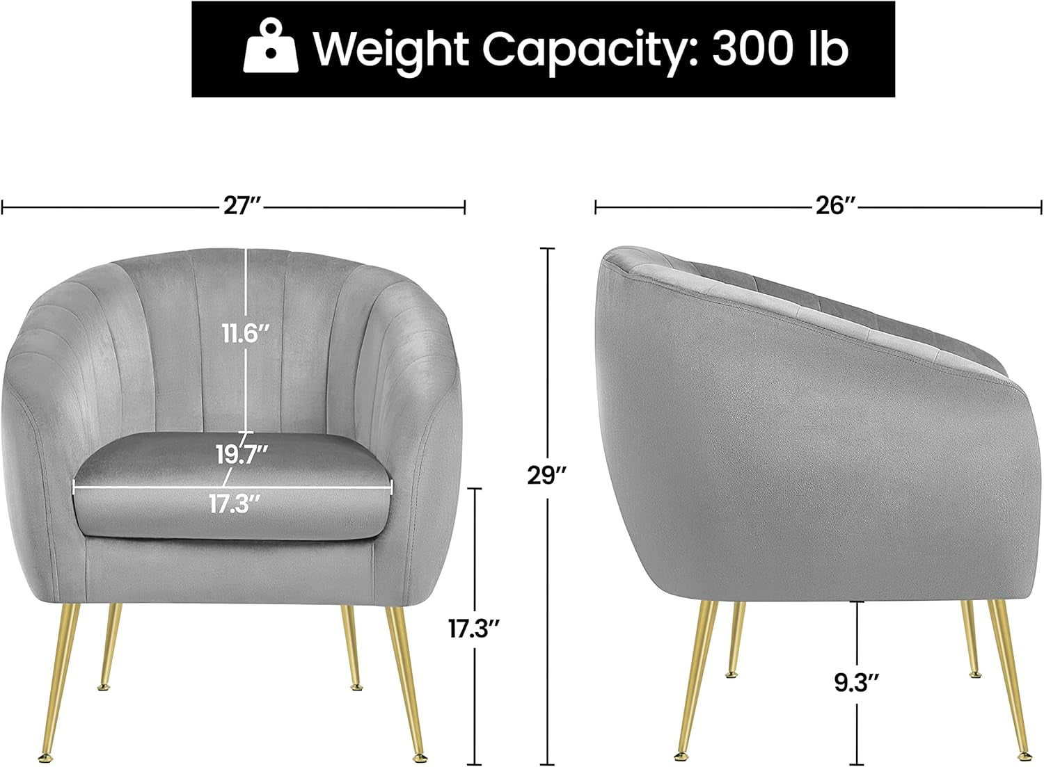 Modern Vanity Chair, Velvet Soft Accent Chair with Gold Metal Legs, Tufted Accent Chaise Lounge for Living Room/Makeup Room/Bedroom, Gray, Set of 2