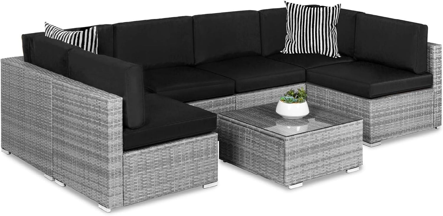 7-Piece Modular Outdoor Sectional Wicker Patio Conversation Set W/ 2 Pillows, Coffee Table, Cover Included - Gray/Navy