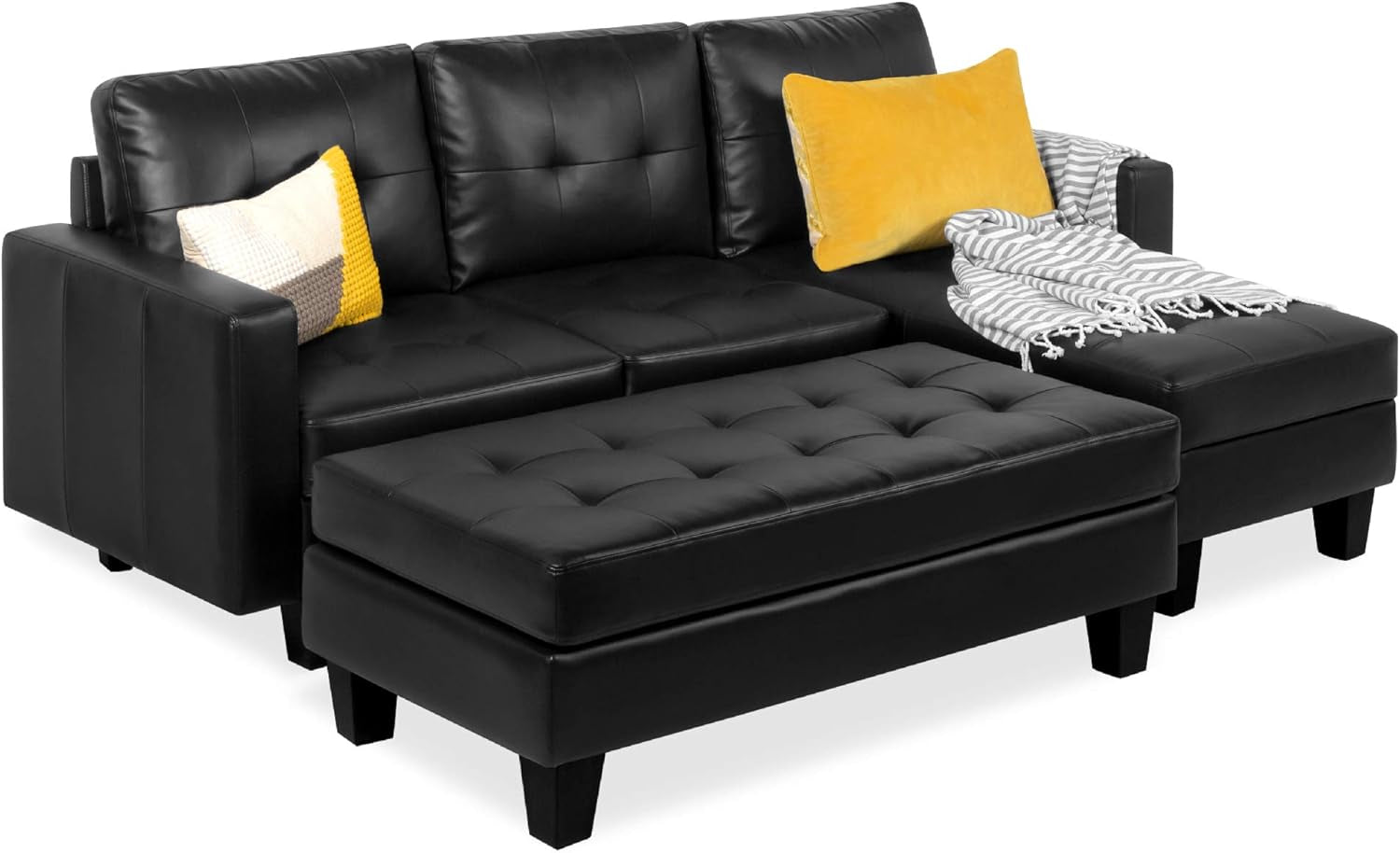 Tufted Faux Leather 3-Seat L-Shape Sectional Sofa Couch Set W/Chaise Lounge, Ottoman Coffee Table Bench, Black