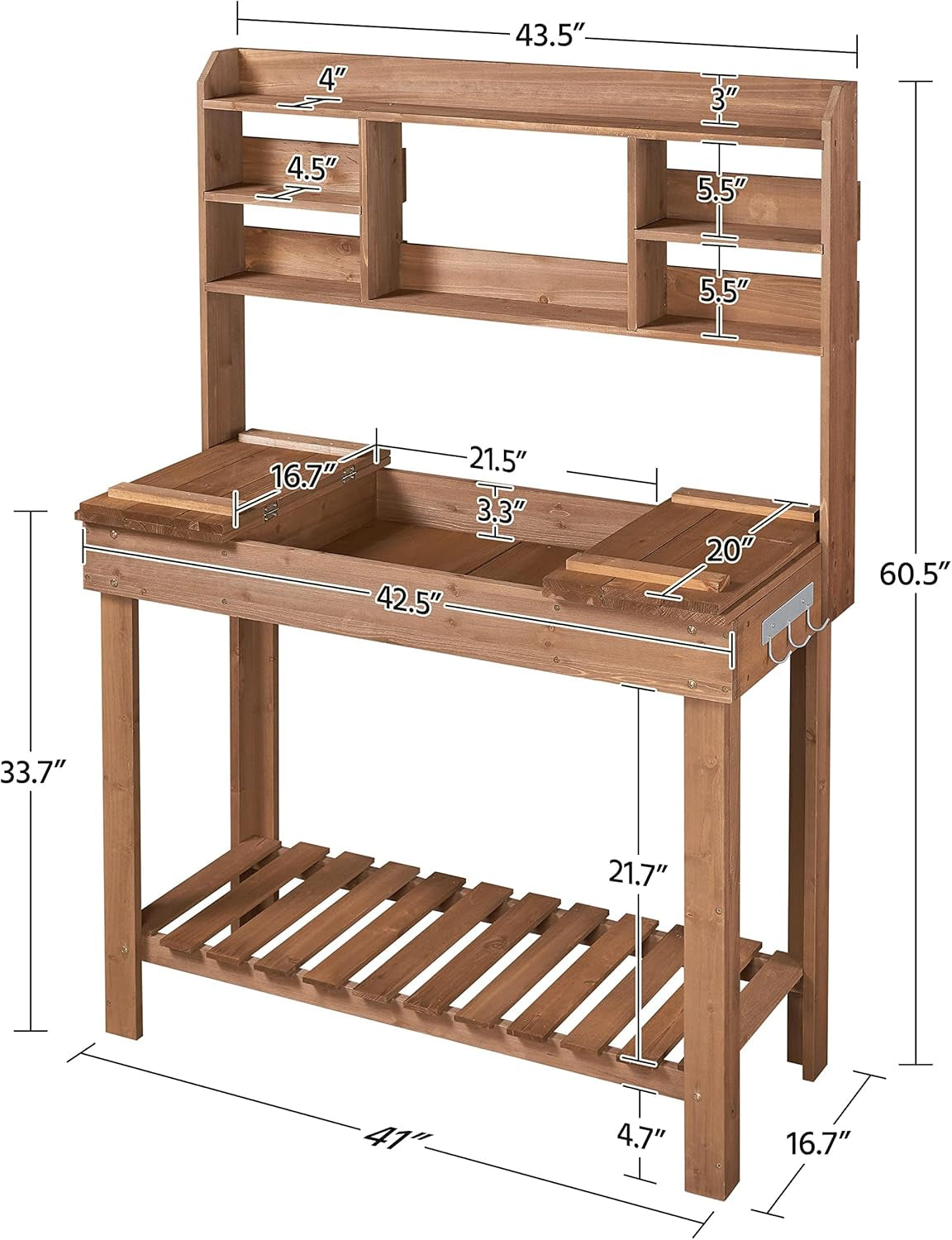 Potting Bench Table Horticulture Germination Table &amp; Outdoor Garden Work Bench Platform W/Display Rack/Storage Shelf/Hanger/Thoughtful Sink Brown