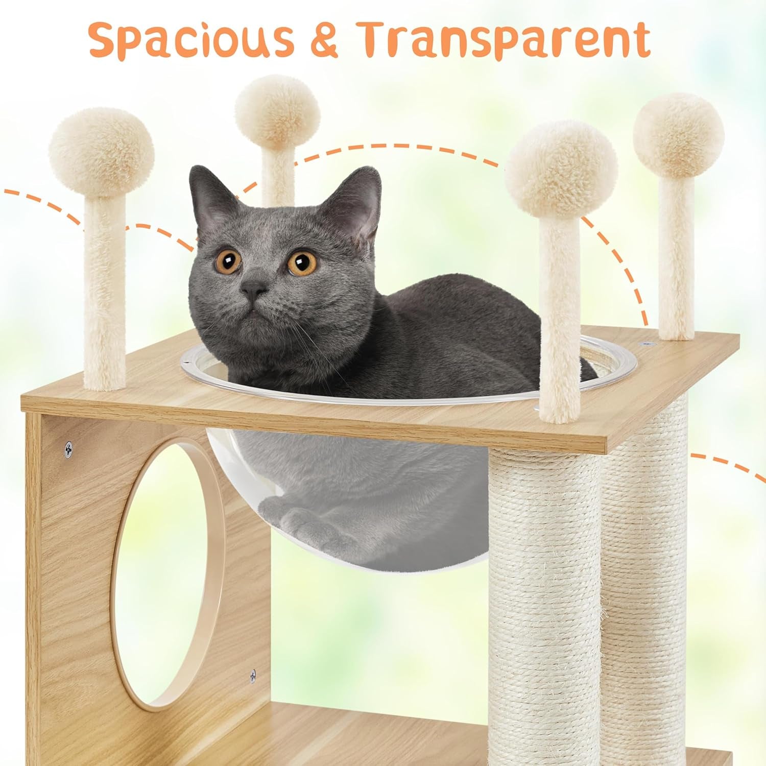 Wooden Cat Tree, 53In Modern Cat Tower for Indoor Cats with Scratching Posts Washable Detachable Cushion, Clear Bowl &amp; Teasing Balls, Multi-Level Heavy Duty Cat Condo Furniture for Large Cat