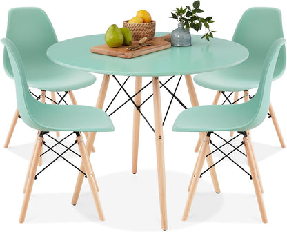 5-Piece Dining Set, Compact Mid-Century Modern Table &amp; Chair Set for Home, Apartment W/ 4 Chairs, Plastic Seats, Wooden Legs, Metal Frame - Light Green/Oak