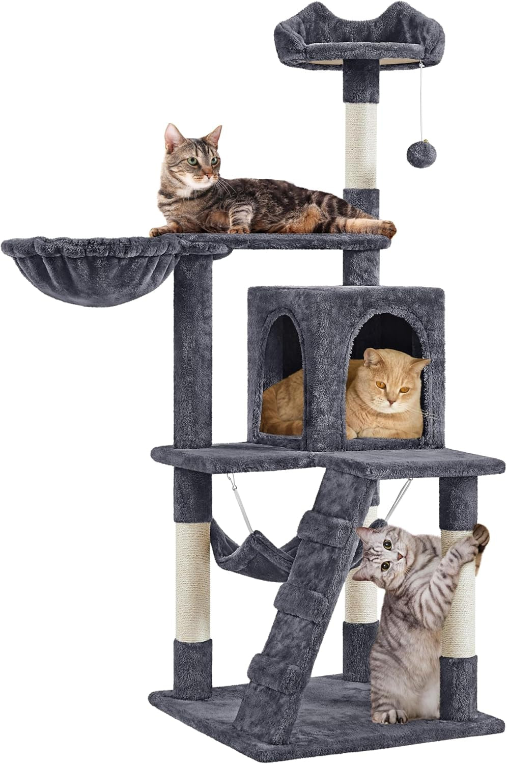 Cat Tree, 54In Tall Cat Tower for Indoor Cats, Multi-Level Cat Furniture with Extended Platform &amp; Basket, Spacious Cat Condo, Funny Hammock, Scratching Posts and Ladder for Kittens