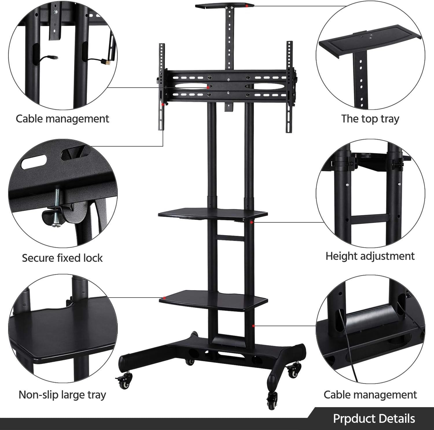 Mobile TV Stand with Wheels, Adjustable Rolling TV Cart for 32 to 75 Inch LCD LED Screen TV W/Storage Shelves and Heavy Duty Base, Holds up to 110 Lbs, Max VESA 600X400Mm