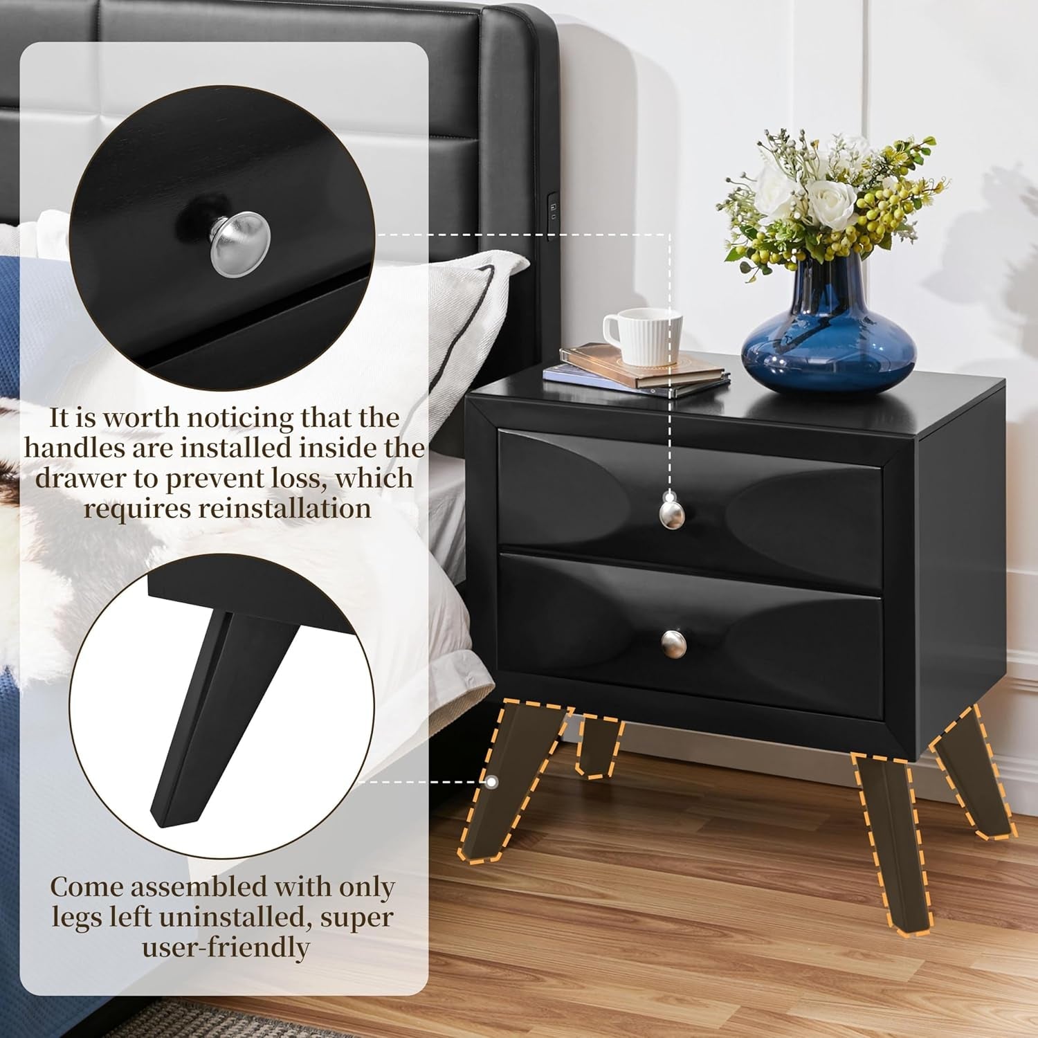 Nightstands Set of 2, Almost Fully-Assembled Nightstands with 2 Drawers and Solid Wood Legs, Large Bedside Tables with Storage, Modern Side Tables for Bedroom, 24.5″L×15″W×23.5″H, Black