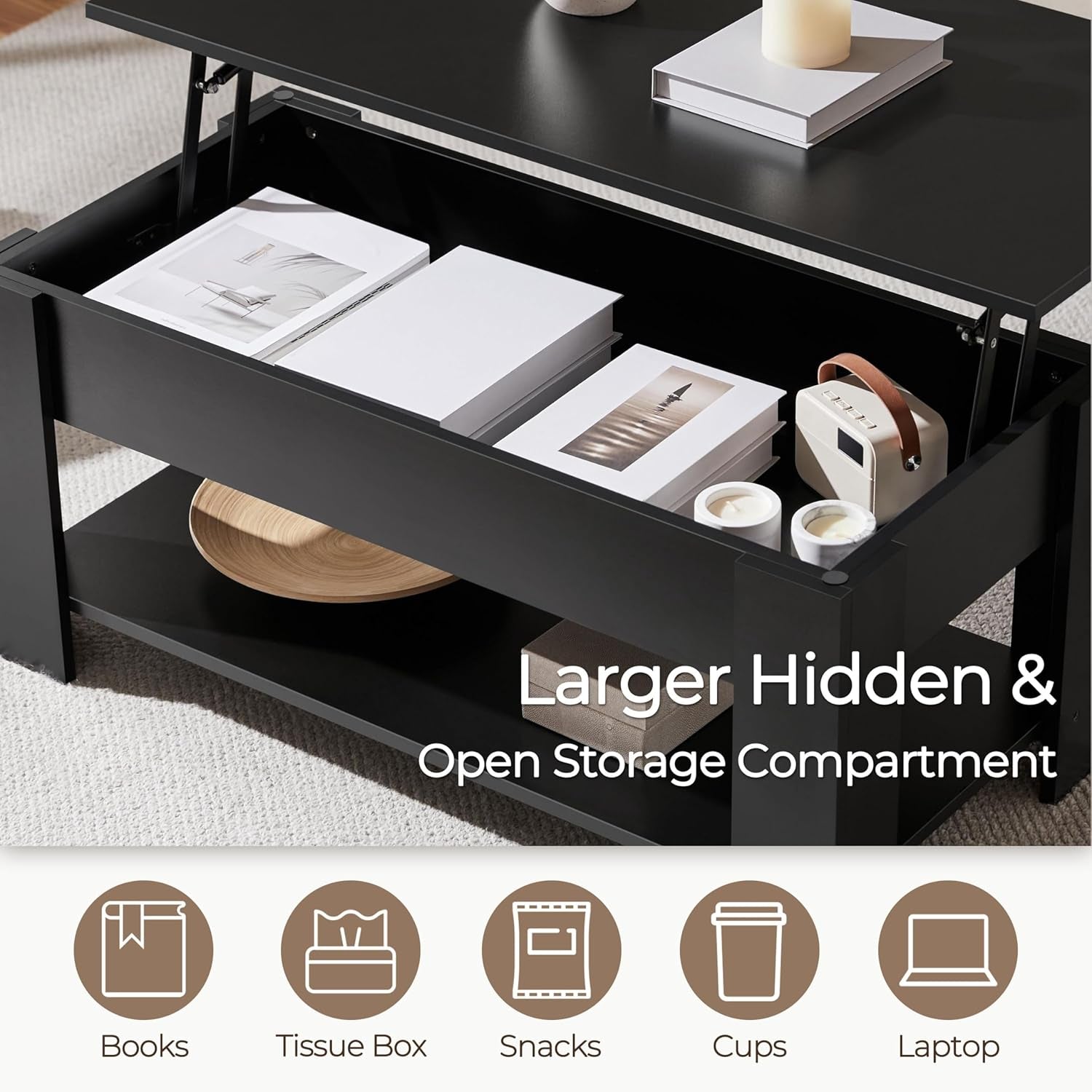 Wooden Coffee Table, Lift Top Coffee Table with Large Hidden Storage Shelf, Lift Tabletop Dining Table for Living Room, Home Small Space, 38.6In, Black