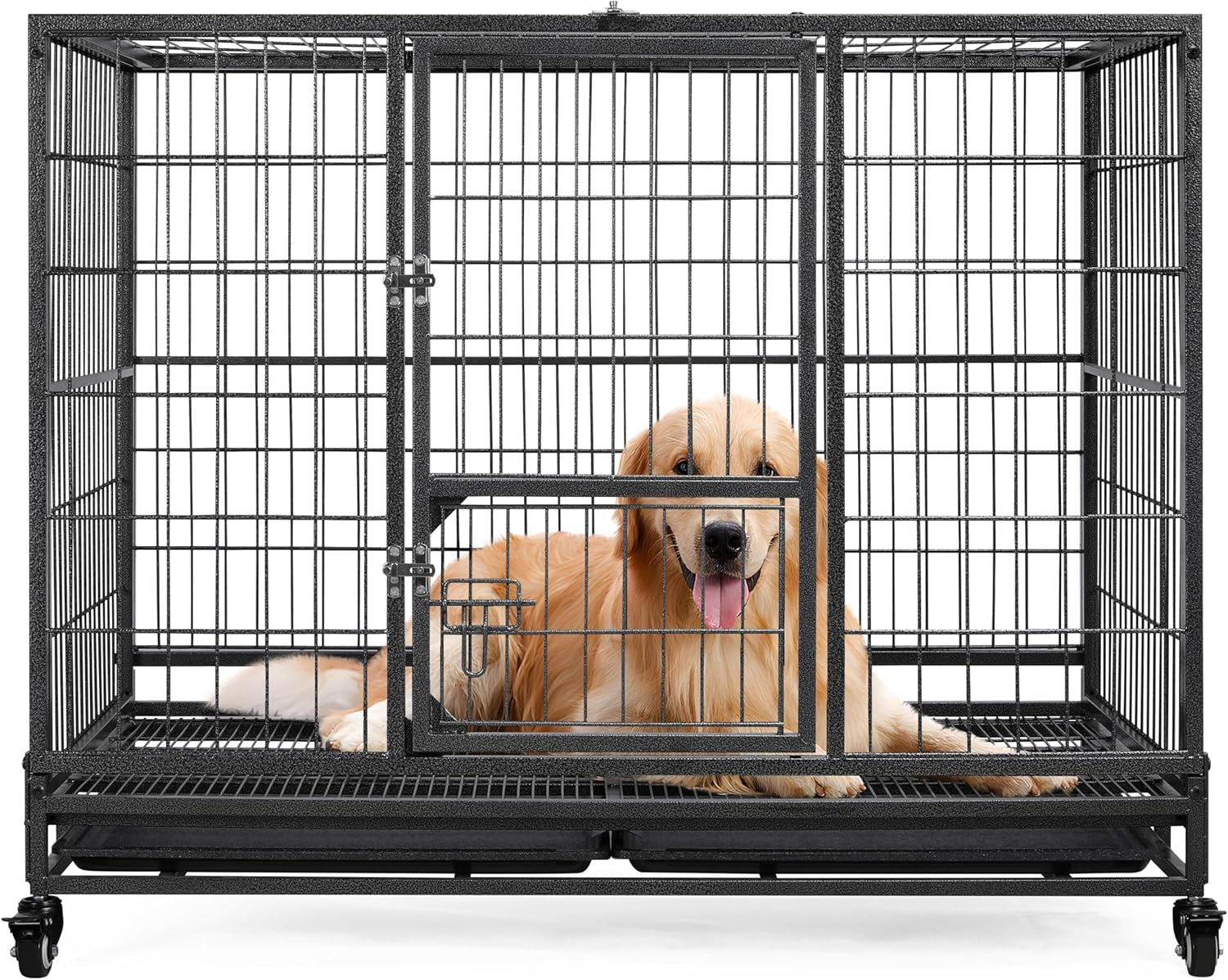 42-Inch Dog Crate Heavy Duty Metal Dog Crate for the House Indoor Dog Kennel for Small/Medium/Large Dogs W/Double Doors &amp; Locks &amp; Double Tray &amp; Lockable Wheels Pet Cage Black