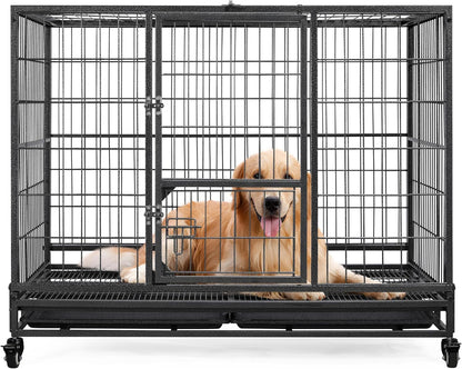 42-Inch Dog Crate Heavy Duty Metal Dog Crate for the House Indoor Dog Kennel for Small/Medium/Large Dogs W/Double Doors &amp; Locks &amp; Double Tray &amp; Lockable Wheels Pet Cage Black