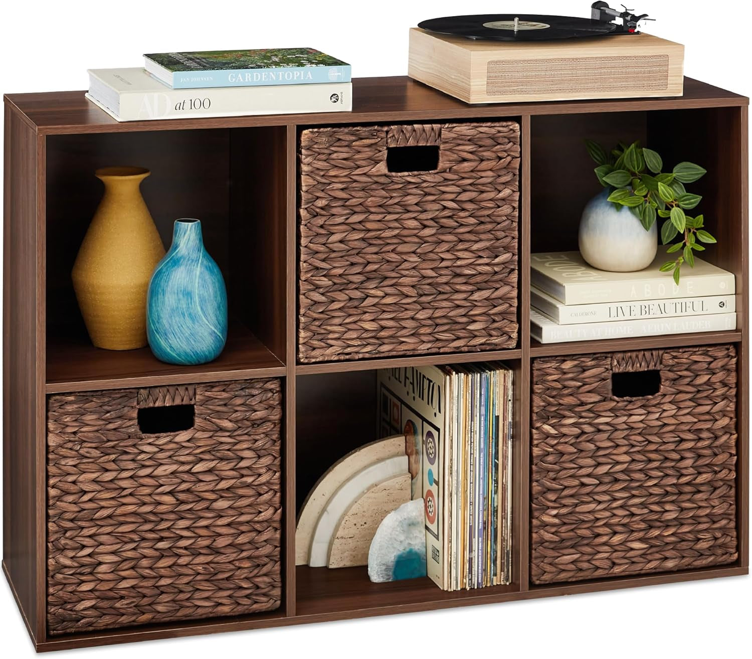 9-Cube Storage Organizer, 13.5In Shelf Opening, Bookcase, Display Shelf, Customizable W/ 3 Removable Back Panels – Walnut