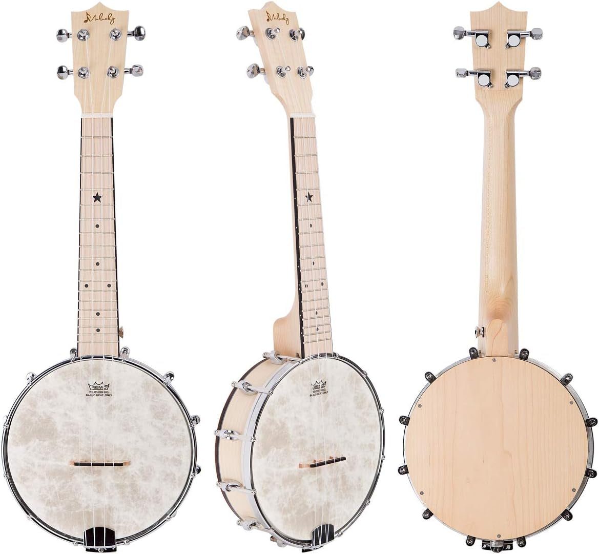 4 String Banjolele, Banjo Ukulele Concert Size 23 Inch with Remo Head, Closed Solid Wood Back, Beginner Kit with Truss Rod Gig Bag Tuner String Strap Picks, MBU-801