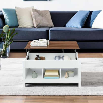 Lift Top Coffee Table Hidden Storage Coffee Table, Wooden Dining Coffee Table, Accent Table Furniture for Living Room, Display Shelves - White/Brown