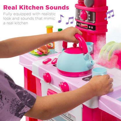 Pretend Play Kitchen Toy Set for Kids with Water Vapor Teapot, 34 Accessories, Sounds, Realistic Design, Utensils, Oven, Food, Sink - Pink