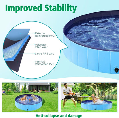 Foldable Dog Pool 63 X 12 Inches Collapsible Hard Plastic Pet Swimming Pool Portable Dog Bath Tub Puppy Cat Shower Pet Wading Pool for Outdoor/Indoor W/Pet Repair Patches, Blue