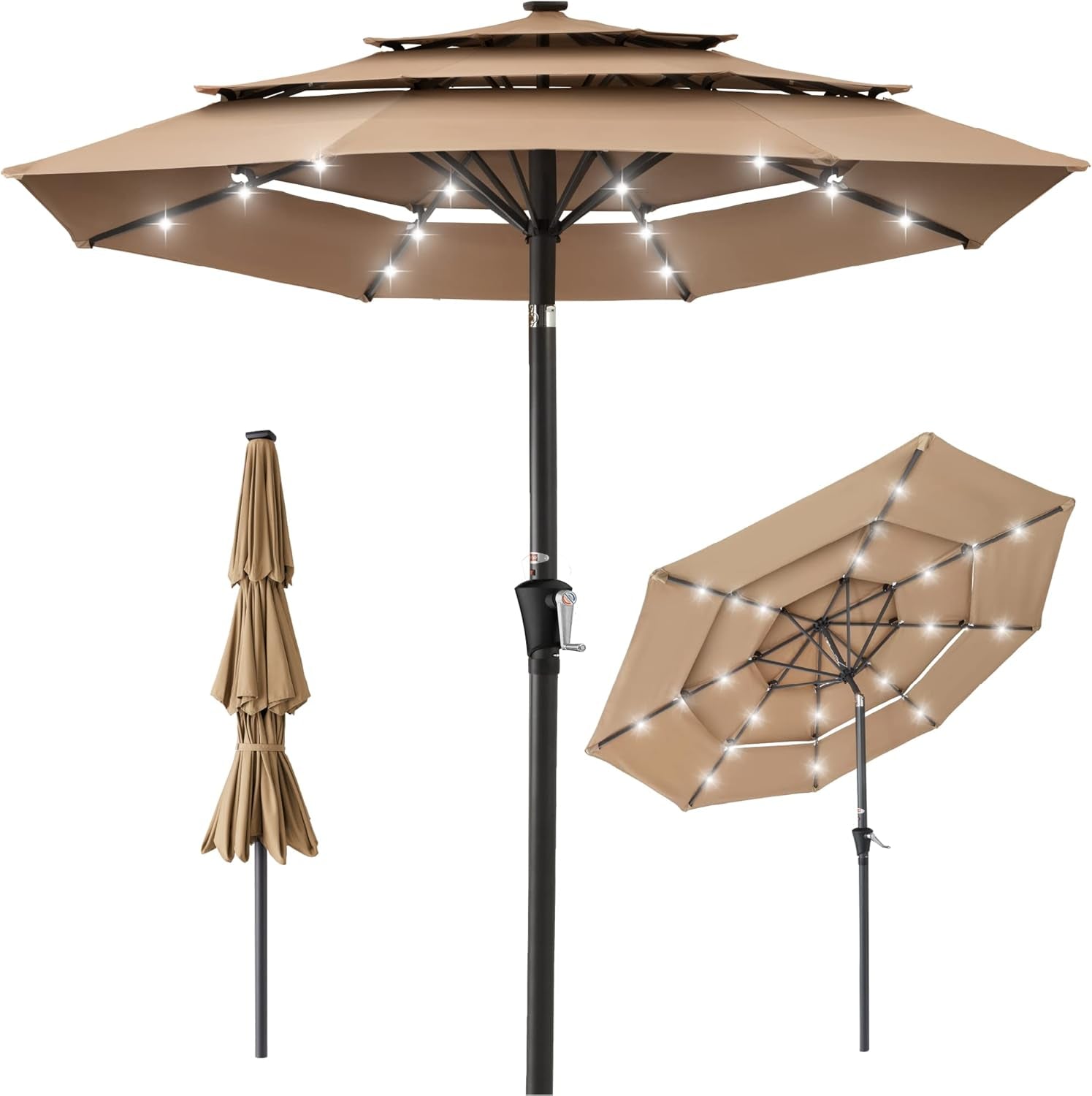 10Ft 3-Tier Solar Patio Umbrella, Outdoor Market Sun Shade for Backyard, Deck, Poolside W/ 24 LED Lights, Tilt Adjustment, Easy Crank, 8 Ribs - Tan