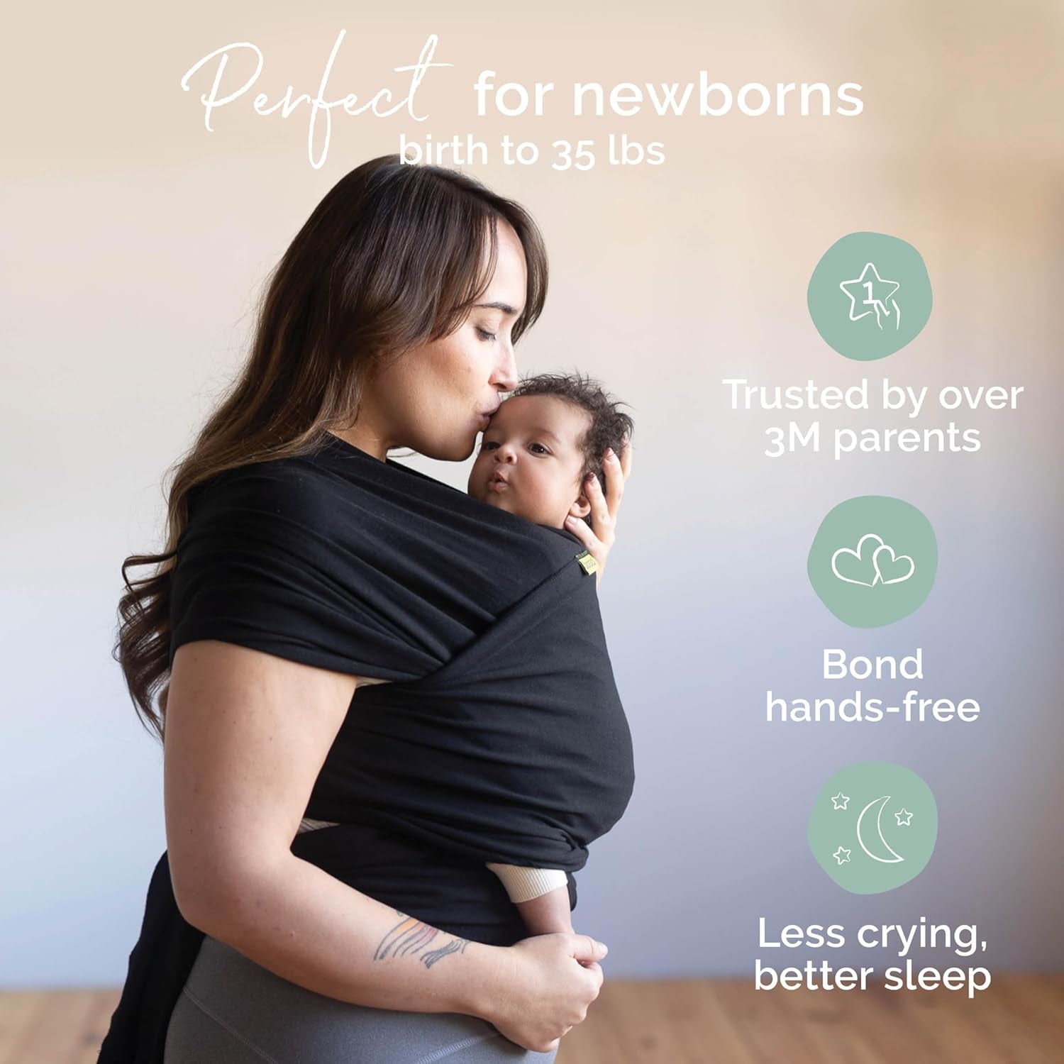 Baby Wrap Carrier - Original Baby Carrier Wrap, Baby Sling for Newborns - Baby Wearing Essentials - Hands-Free Newborn Wrap Swaddle Holder, Newborn to Toddler Infant Baby Sling, 7-35 Lbs (Black)