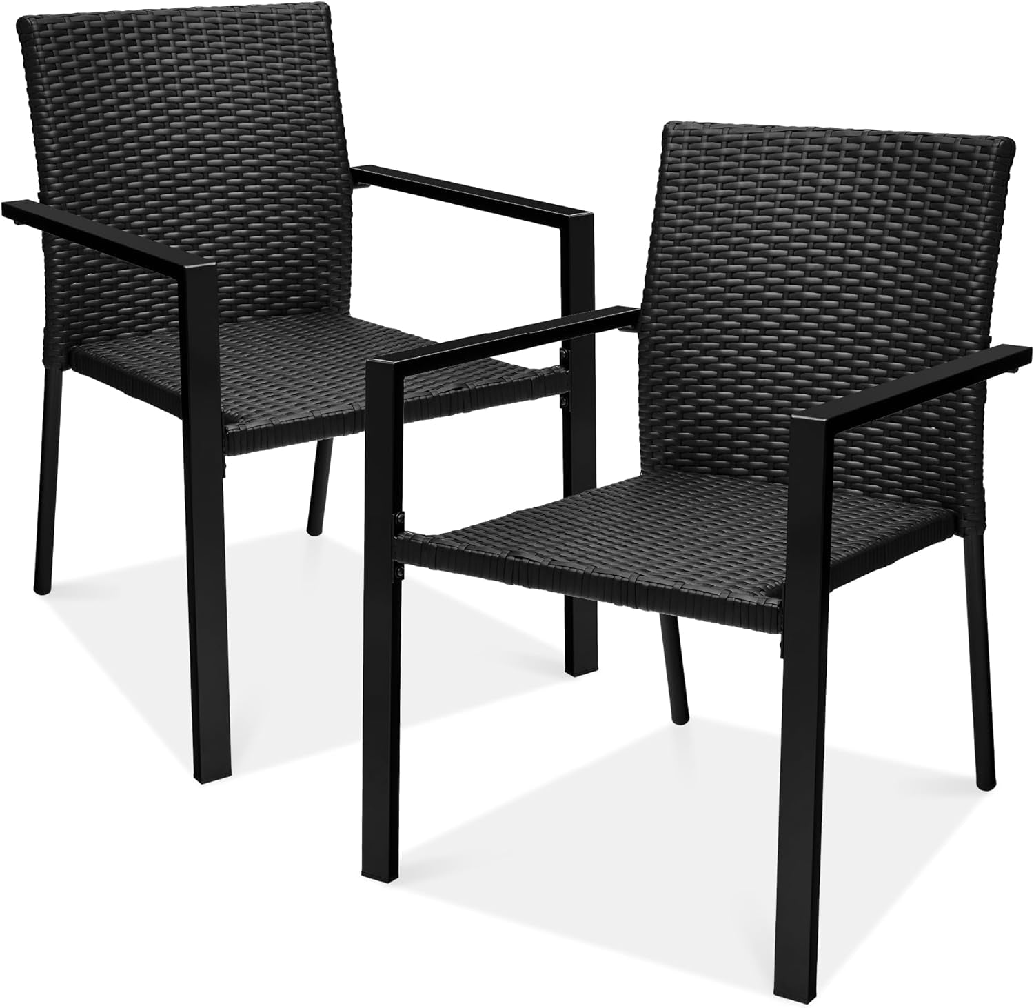 Set of 2 Stackable Outdoor Wicker Dining Chairs All-Weather Firepit Armchair W/Armrests, Steel Frame for Patio, Deck, Garden, Yard - Brown