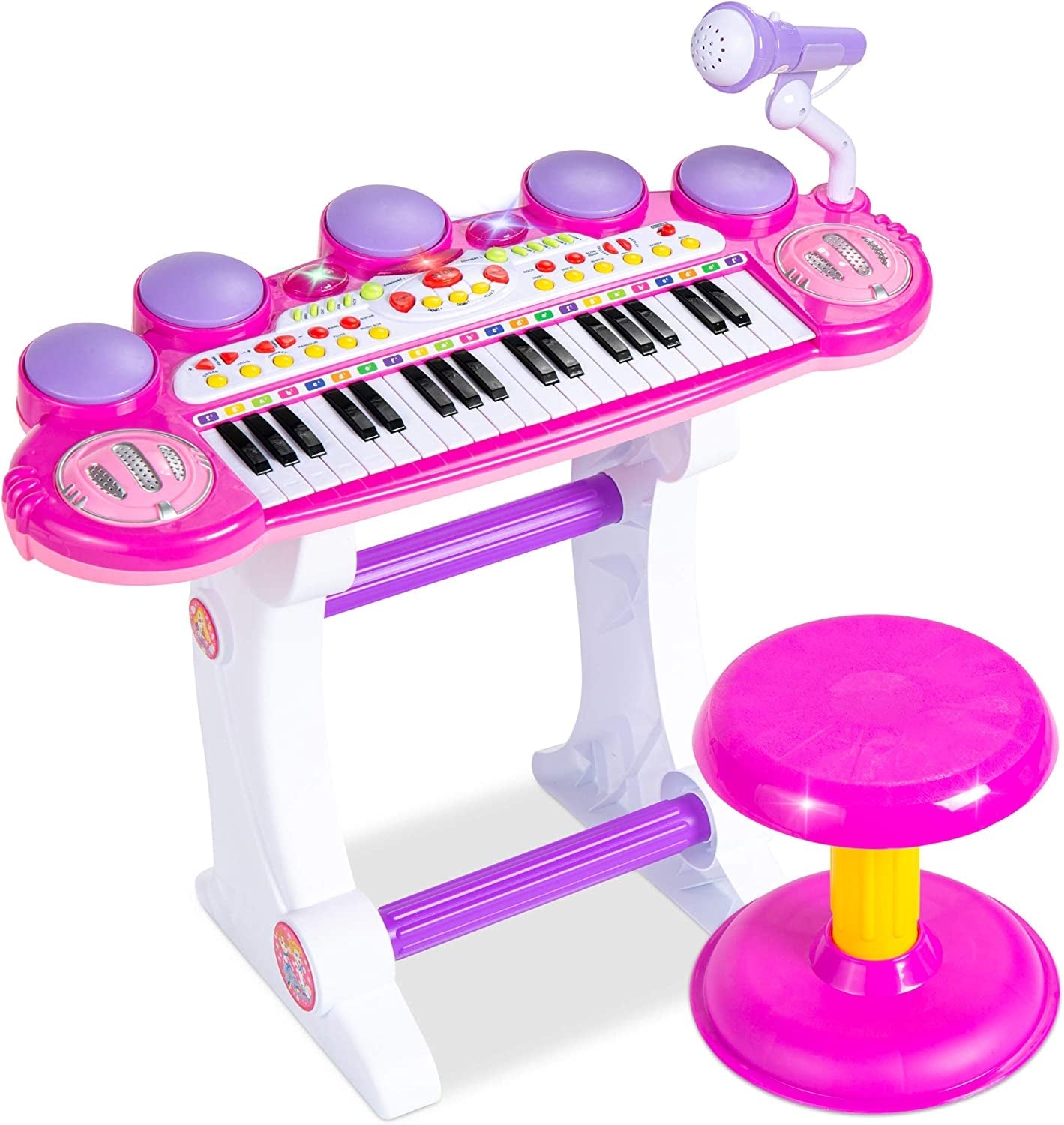 37-Key Kids Electronic Musical Instrument Piano Learning Toy Keyboard W/Multiple Sounds, Lights, Microphone, Stool - Blue