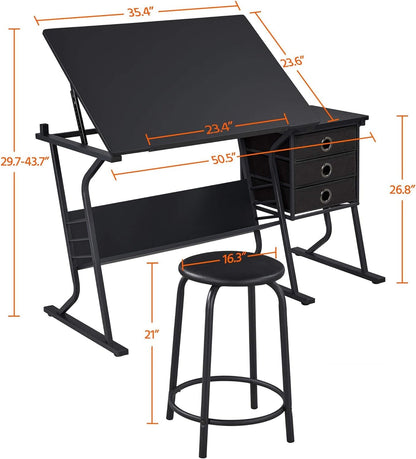 Drafting Table for Adults/Artists, Drawing Desk, Tabletop Adjustable Art/Craft Desk with Stool and 3 Slide Drawers, Sketching Painting Artwork Station for Art Studio Home Office School