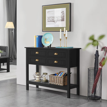 Console Table with 4 Drawers, Sofa Side Table with Bottom Open Storage Shelf, Heavy-Duty Entryway Table for Hallway/Living Room, 39.5X14X32 Inch, Black