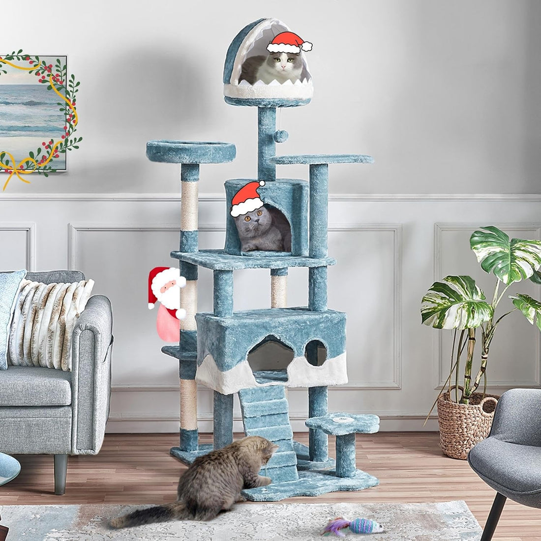 Cat Tree, 72.5Inch Ocean-Themed Cat Tree Tower, Multi-Level Large Cat Tree for Indoor Cats with Shark&