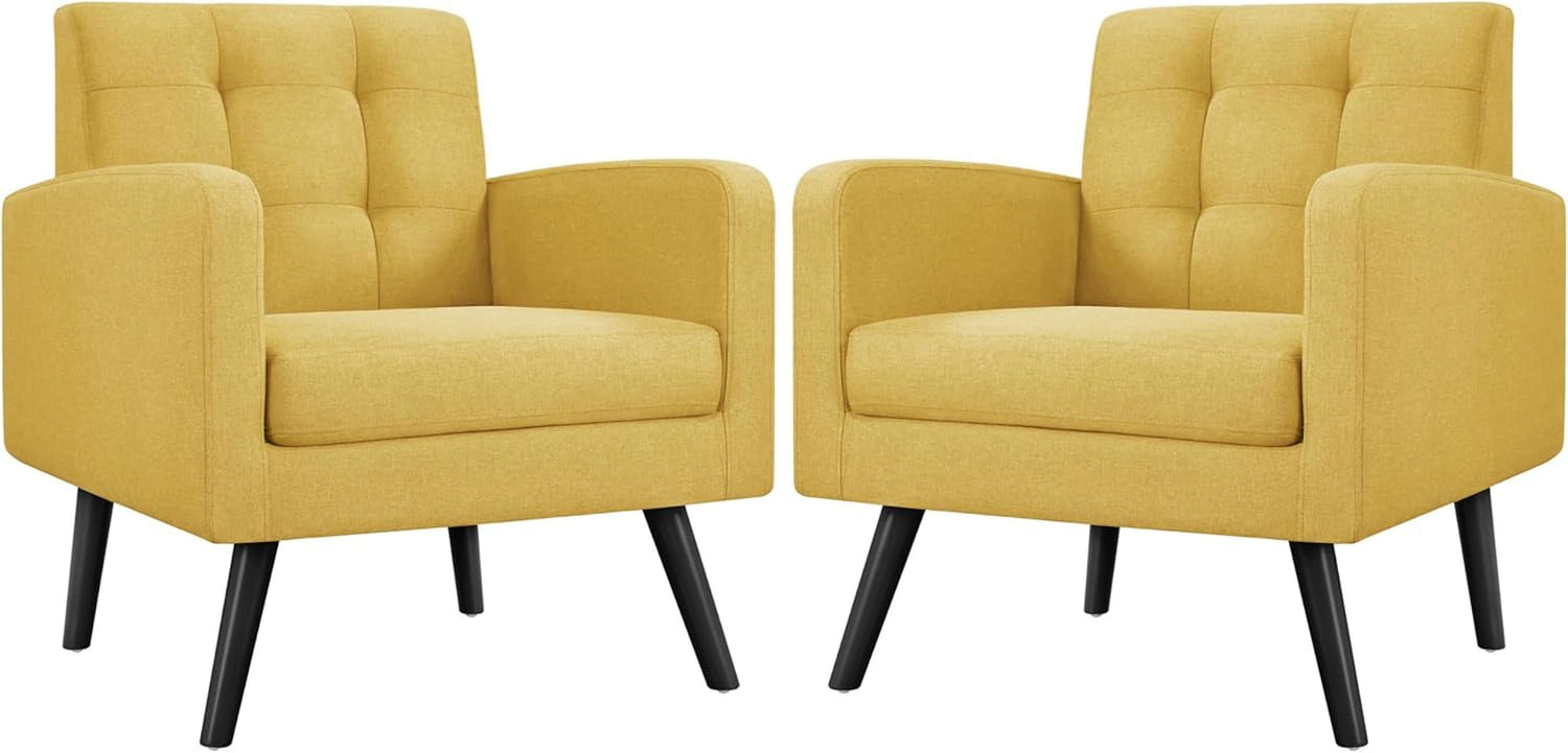 Mid-Century Accent Chairs, Modern Upholstered Living Room Chair, Cozy Armchair Button Tufted Back and Wood Legs for Bedroom/Office/Cafe, Yellow