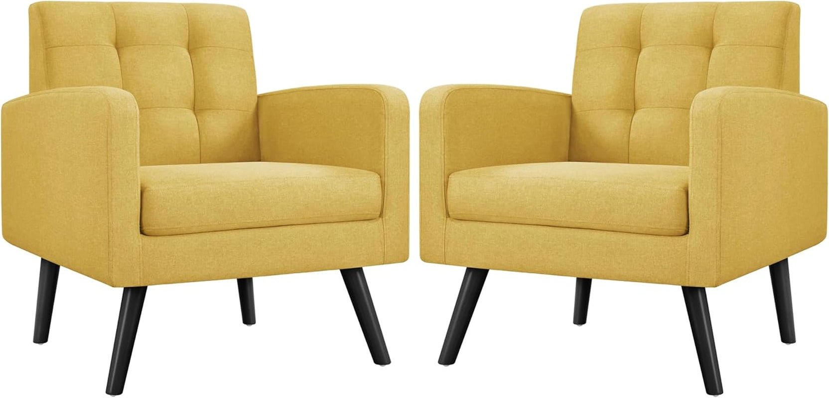 Mid-Century Accent Chairs, Modern Upholstered Living Room Chair, Cozy Armchair Button Tufted Back and Wood Legs for Bedroom/Office/Cafe, Yellow