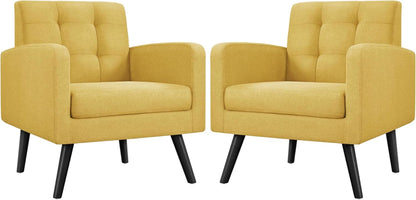 Mid-Century Accent Chairs, Modern Upholstered Living Room Chair, Cozy Armchair Button Tufted Back and Wood Legs for Bedroom/Office/Cafe, Yellow