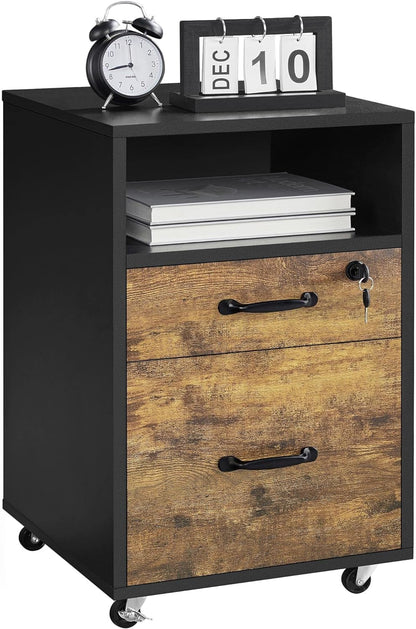 File Cabinet, under Desk Vertical Cabinet with 2 Drawers and Open Compartment, Printer Stand with Lockable Wheels for A4 Letter Size Hangable File Folders for Home Office(Black/Rustic Brown)