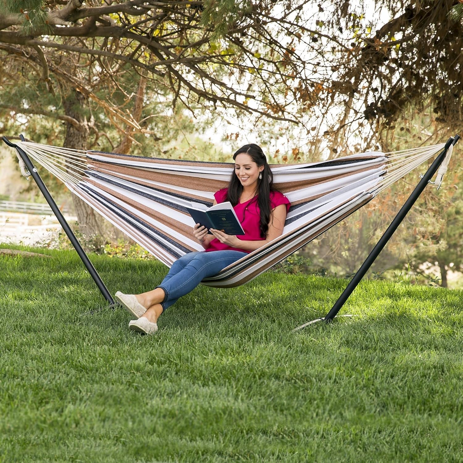 Double Hammock with Steel Stand, Indoor Outdoor Brazilian-Style Cotton Bed W/Carrying Bag, 2-Person Capacity - Desert Stripes