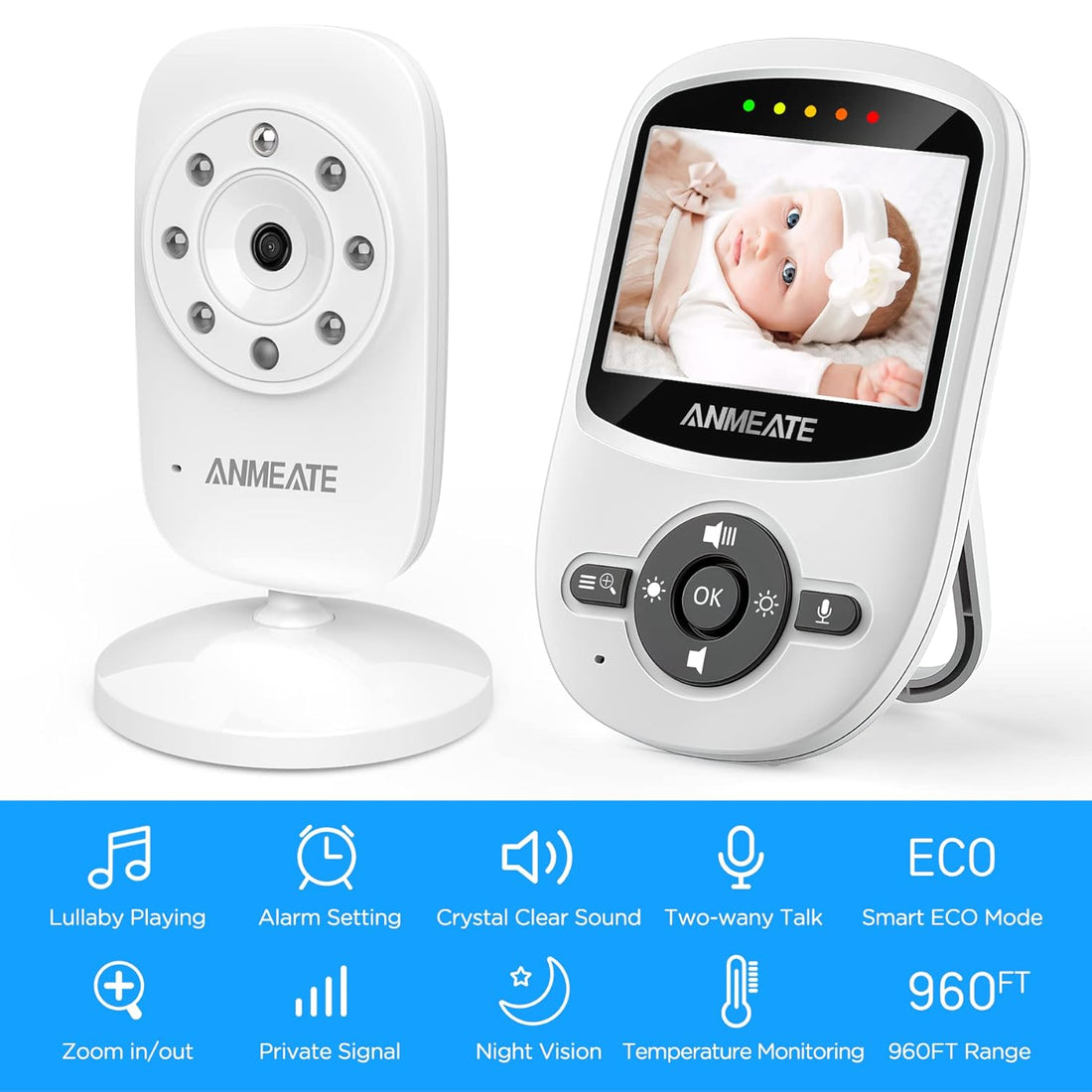 Video Baby Monitor with Digital Camera, Digital 2.4Ghz Wireless Video Monitor with Temperature Monitor, 960Ft Transmission Range, 2-Way Talk, Night Vision, High Capacity Battery（1 Camera）