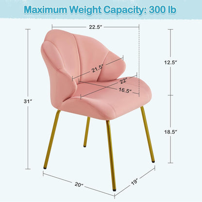 Velvet Accent Chair, Cute Vanity Chair with Shell-Shaped Backrest, Modern Armchair Side Chair with Golden Legs for Living Room/Bedroom/Home Office/Makeup, Pink