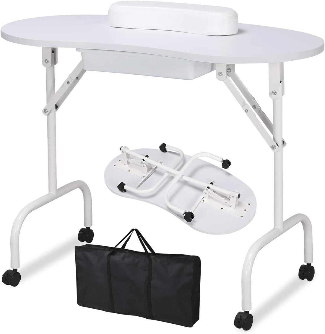 37-Inch Portable &amp; Foldable Manicure Table Nail Desk Workstation with Large Drawer/Client Wrist Pad/Controllable Wheels/Carrying Case for Spa Beauty Salon White, 1 Count (Pack of 1)