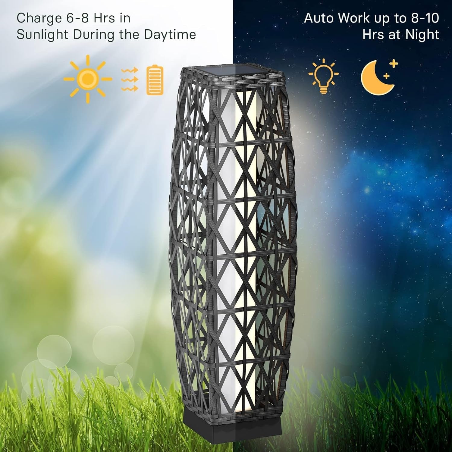 2-Piece Solar Outdoor Floor Lamp Solar Powered Wicker Lantern Outdoor Weather-Resistant Deck Light for Garden Porch Yard-Silver Gray, Large Cindy