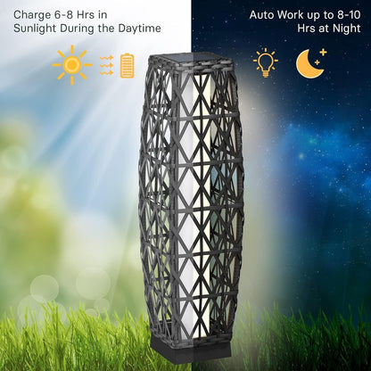 2-Piece Solar Outdoor Floor Lamp Solar Powered Wicker Lantern Outdoor Weather-Resistant Deck Light for Garden Porch Yard-Silver Gray, Large Cindy