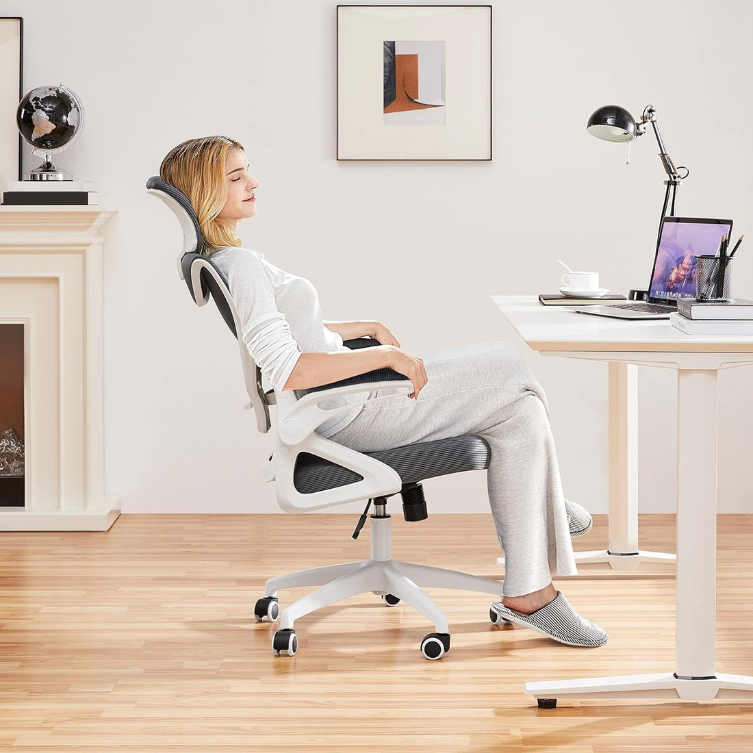 Ergonomic Mesh Office Chair, High Back Desk Chair with with Flip-Up Armrests, Adjustable Padded Headrest Computer Chair with Lumbar Support for Home Oiffce Game Room, White/Gray