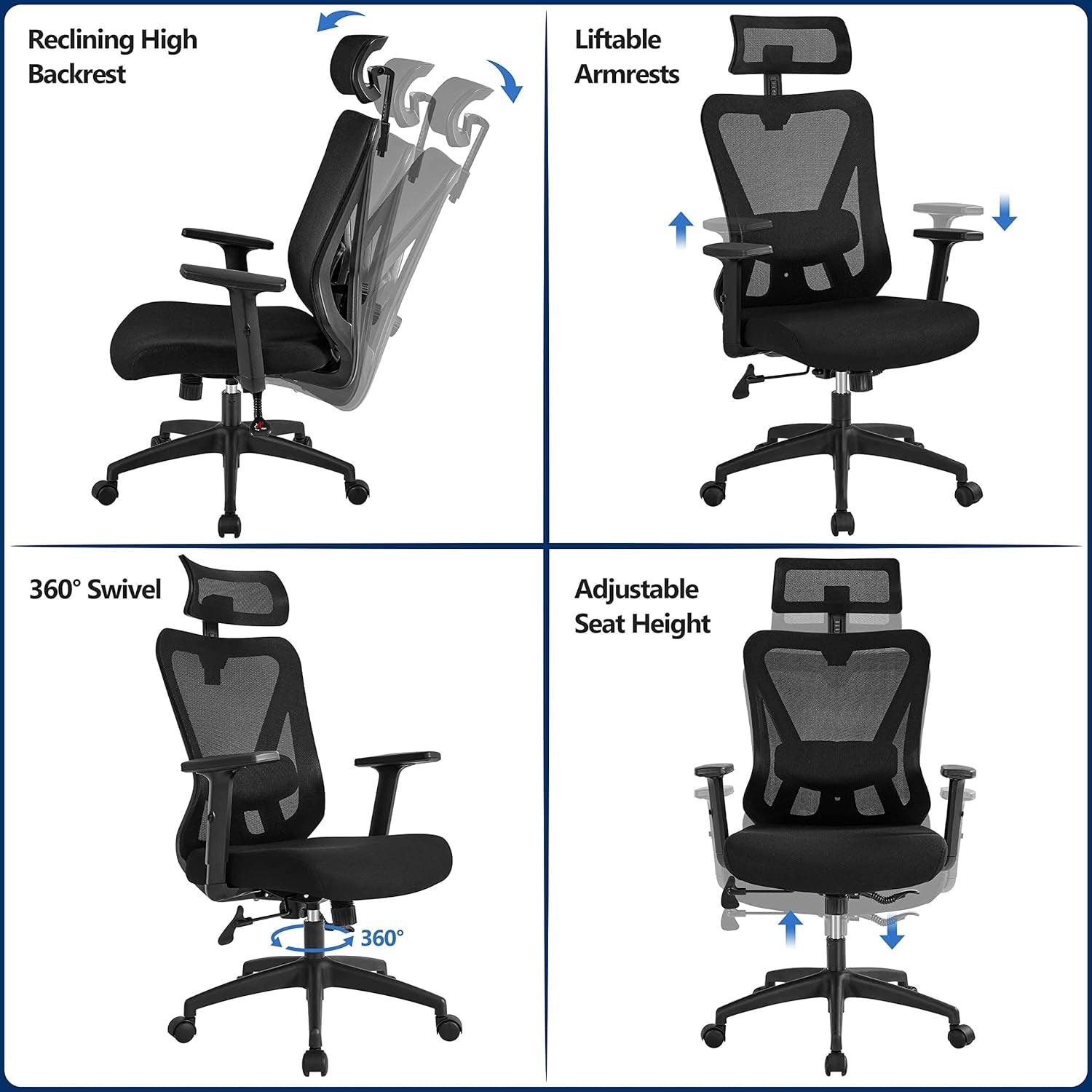 Ergonomic Office Chair Desk Chair High Back Mesh Computer Chair Study Chair with Lumbar Support Adjustable Armrest, Backrest and Headrest for Home Office Working Black