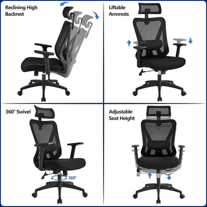 Ergonomic Office Chair Desk Chair High Back Mesh Computer Chair Study Chair with Lumbar Support Adjustable Armrest, Backrest and Headrest for Home Office Working Black