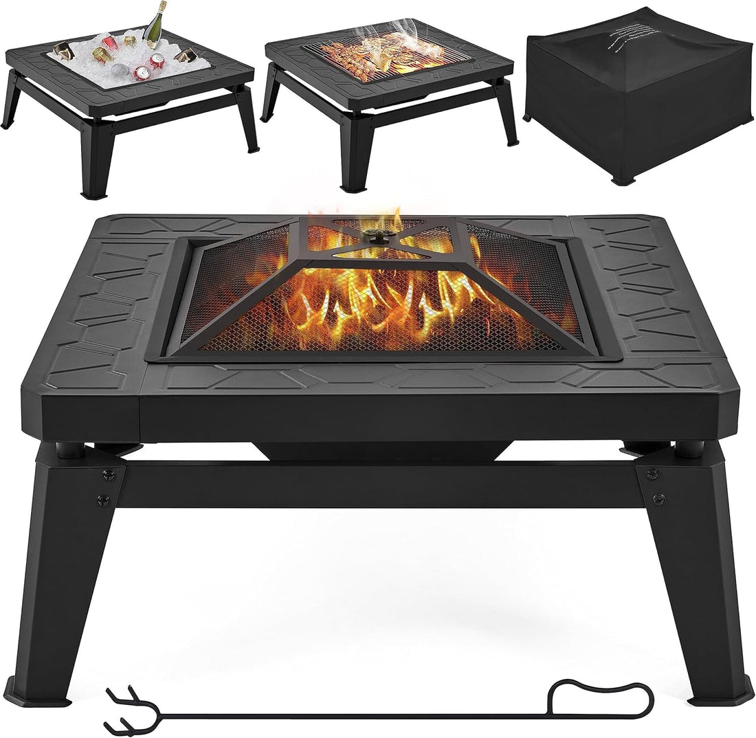 Fire Pit 34.5In Fire Pits for outside Large Fire Pit Table Futuristic Mecha/Mechs Design Square Wood Burning Fire Pits for Patio Garden Camping Bonfire W/Log Grate &amp; Rain Cover &amp; Poker